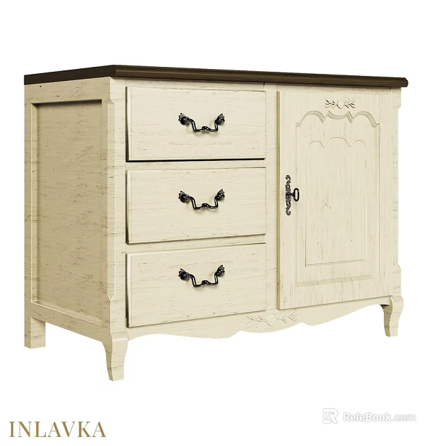 Vintage White Cabinet With Three Drawers Single Door Dark Top And Black Handles 3d model 