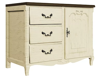 Vintage White Cabinet With Three Drawers Single Door Dark Top And Black Handles 3d model