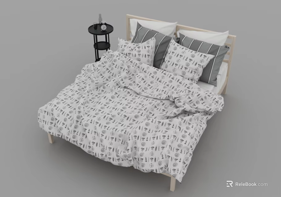 Double Bed with Wooden Frame Gray White Patterned Bedspread Striped Pillows and Nightstand 3d model
