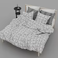 Double Bed with Wooden Frame Gray White Patterned Bedspread Striped Pillows and Nightstand 3d model