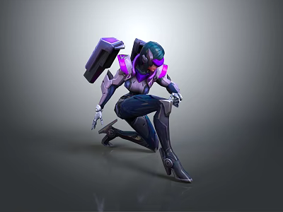 Futuristic Female Game Movie Character In Purple Black Mechanical Armor Crouching Sci Fi Pose 3d model