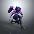Futuristic Female Game Movie Character In Purple Black Mechanical Armor Crouching Sci Fi Pose