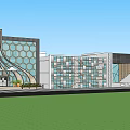 Modern Commercial Complex Exterior Featuring Glass Facade Geometric Patterns And Greenery 3d model