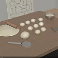 Homemade Dough Preparation On Wooden Countertop With Small Dough Balls Rolling Pin And Tools