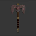 Ornate Axe Weapon with Wing Shaped Blades Red Black Patterns and Wooden Handle
