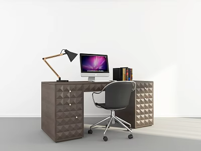 Modern Office Desk With Brass Lamp Computer Monitor Books Ergonomic Chair And Geometric Drawers 3d model