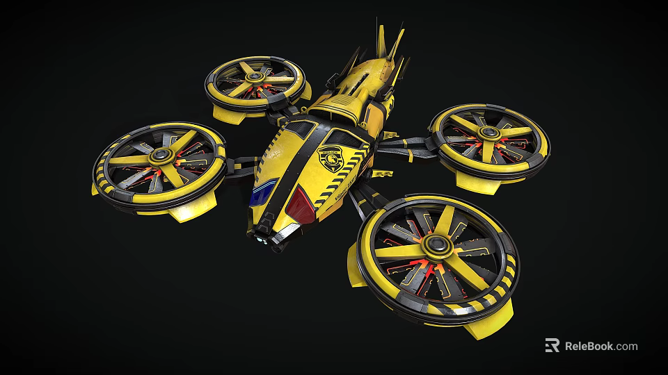 Futuristic Yellow Flying Drone With Four Large Propellers And Black Yellow Color Scheme 3d model 