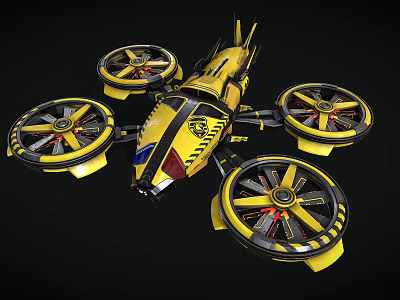 Futuristic Yellow Flying Drone With Four Large Propellers And Black Yellow Color Scheme 3d model