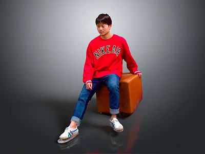 Man Wearing Red Love Me Sweater Sitting on Brown Trunk Blue Jeans White Sneakers 3d model