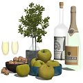 Green Apples in Blue Bowl Beside Champagne Bottle and Wine Glasses Nuts and Green Plant