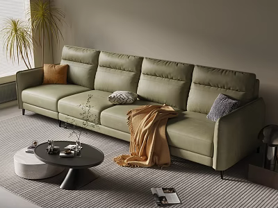 Modern Green Sofa Set in Living Room with Cushions Blanket Coffee Table and Potted Plant 3d model