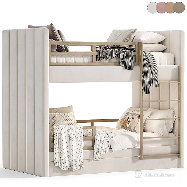 Modern Bunk Bed With Light Upholstered Frame Wooden Ladder And White Bedding 3d model 