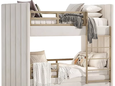 Modern Bunk Bed With Light Upholstered Frame Wooden Ladder And White Bedding 3d model