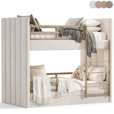 Modern Bunk Bed With Light Upholstered Frame Wooden Ladder And White Bedding 3d model