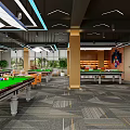 Modern Billiard Room Interior With Green Pool Tables Modern Lighting Orange Chairs And Brick Walls