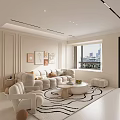 Modern Luxury Living and Dining Room Interior With Light Sofa Rug TV Wall And Windows