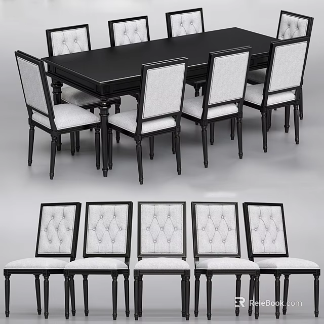 Elegant Modern Dining Table Set With Black Table And White Tufted Back Chairs 3d model