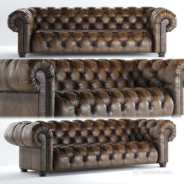 Brown Leather Chesterfield Tufted Sofa With Classic Design And Detailed Armrests 3d model 