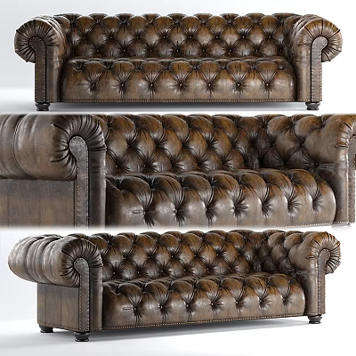 Brown Leather Chesterfield Tufted Sofa With Classic Design And Detailed Armrests 3d model