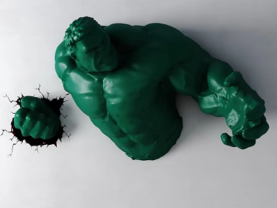 Green Hulk Character Wall Decor Featuring Bust and Fist Breaking Through Wall 3d model