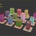 Colorful Miniature Buildings In Various Styles With Decorative Windows And Small Trees