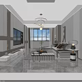 Modern Living and Dining Room Interior With TV Wall Fireplace Sofa And Decorative Plant