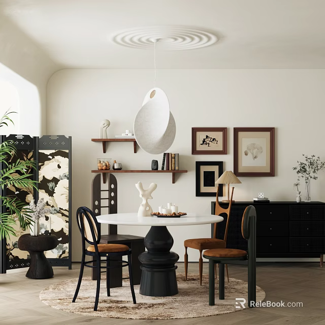 Modern Restaurant Interior With Round Dining Table Pendant Light And Decorative Paintings 3d model