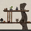 Wooden Storage Shelf With Decorative Pottery Small Plant And Natural Log Texture