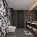 Modern Luxury Dark Marble Bathroom Interior With Double Vanity And Freestanding Bathtub Glass Shower Area