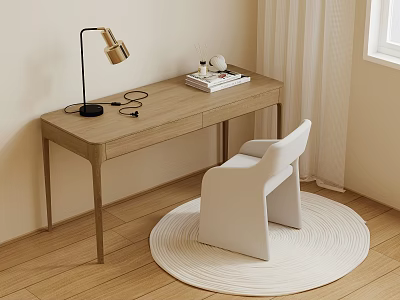 Minimalist Wooden Desk And White Chair Set With Table Lamp Books And Round Rug 3d model