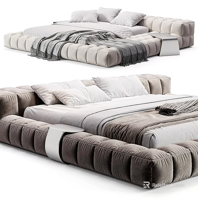 Modern Gray Velvet Double Bed With White Sheets And Cozy Blanket 3d model 