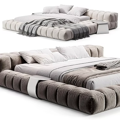 Modern Gray Velvet Double Bed With White Sheets And Cozy Blanket 3d model
