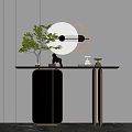 Modern Console Table Featuring Round Backlit Mirror Green Plant And Decorative Ornaments 3d model