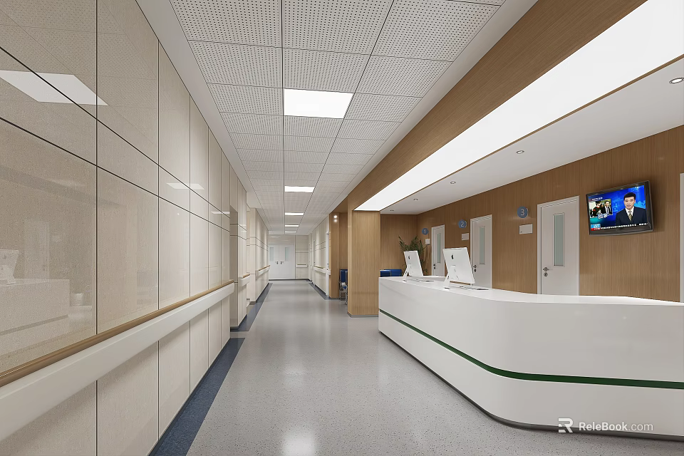 Modern Hospital Outpatient Clinic Corridor with Light Colored Walls Ceiling Lights and White Reception Desk 3d model 