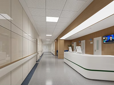 Modern Hospital Outpatient Clinic Corridor with Light Colored Walls Ceiling Lights and White Reception Desk 3d model