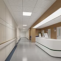 Modern Hospital Outpatient Clinic Corridor with Light Colored Walls Ceiling Lights and White Reception Desk