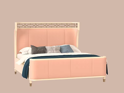 Pink Upholstered Double Bed with Carved Headboard and Decorative Pillows Blue Throw 3d model