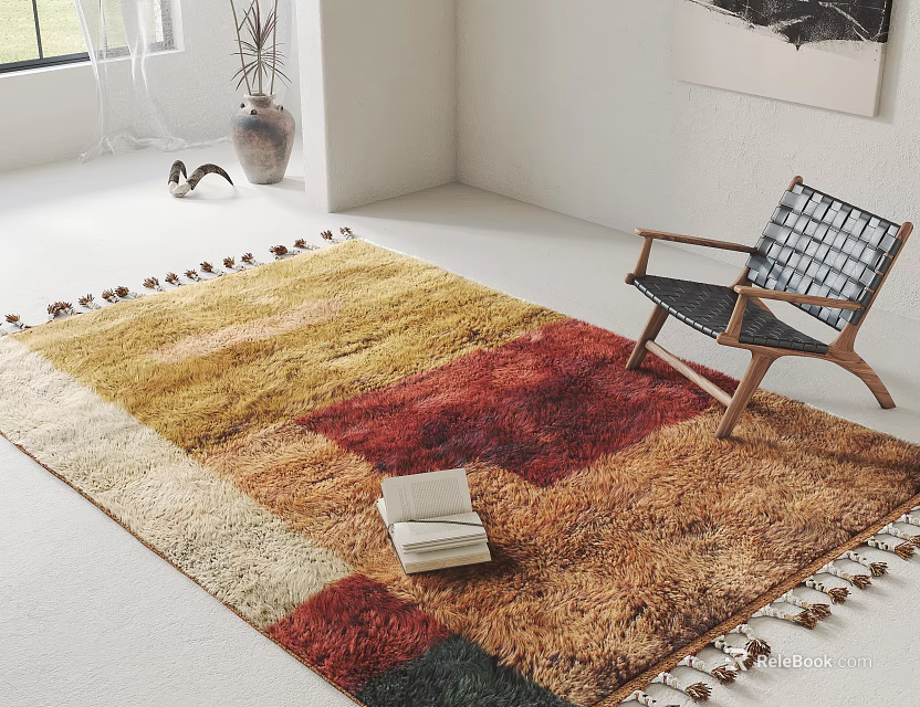 Colorful Block Pattern Square Rug With Tassels And Wooden Chair In Bright Room 3d model 
