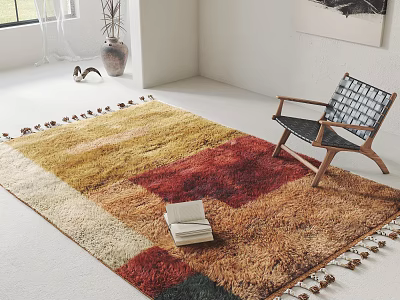 Colorful Block Pattern Square Rug With Tassels And Wooden Chair In Bright Room 3d model
