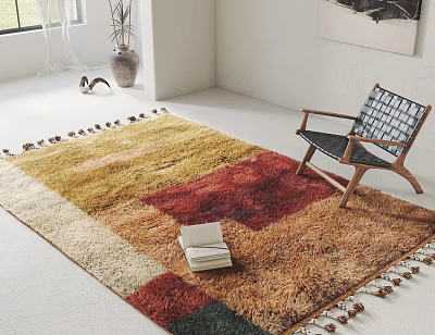 Colorful Block Pattern Square Rug With Tassels And Wooden Chair In Bright Room 3d model