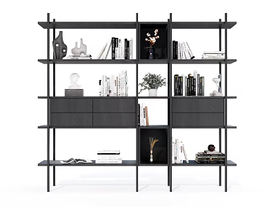 Modern Black Bookshelf With Multiple Shelves Books Decorative Items And Plants 3d model