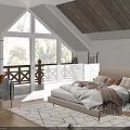 Bright Bedroom With Beige Bed White Bedding Brown Throw Geometric Rug Large Windows And Plants