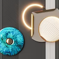 Contemporary Wall Decor Featuring Blue Circular Gold Center Square Illuminated Panel and Glowing Ring 3d model