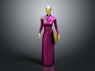 Traditional Chinese Style Purple Qipao With Embroidered Floral Patterns And Handheld Fan 3d model