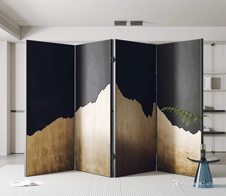 Modern Black And Gold Folding Room Divider With Mountain Pattern For Interior Decor 3d model
