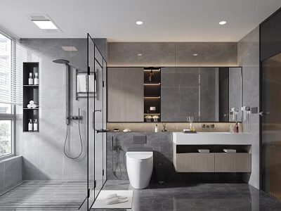 Modern Bathroom Interior Design With Glass Shower Enclosure Gray Tiles And Large Mirror 3d model