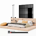 Modern Double Bed with Black Lattice Headboard White Yellow Pillows Floor Lamps and Padded Stool