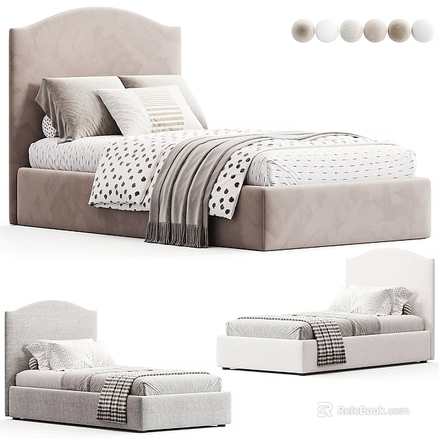 Modern Upholstered Double Bed With Padded Headboard Patterned Bedding And Throw Blanket 3d model