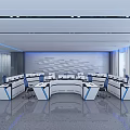 Modern Monitoring Room Featuring Multiple Large Screens Displaying Data Charts Control Consoles Computers Office Chairs