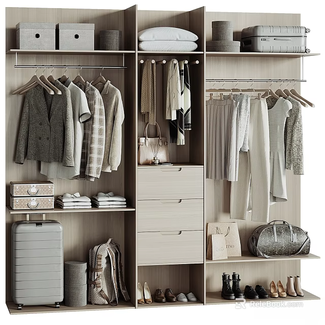 Organized Cloakroom Storage Dresser With Hanging Clothes Folded Clothes And Storage Bags 3d model 